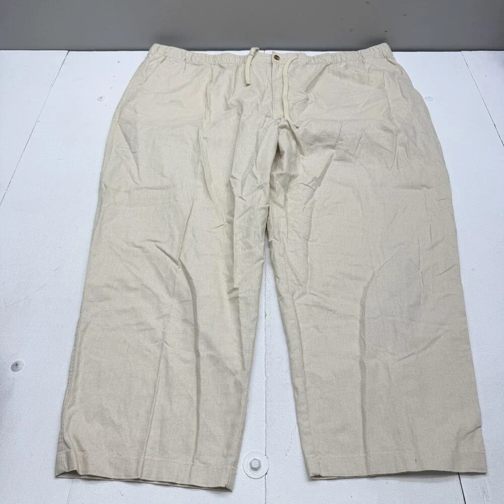 Oak Hill Pants Mens Big 60x30 5XL Beige Relaxed Fit Linen Chino Drawstring